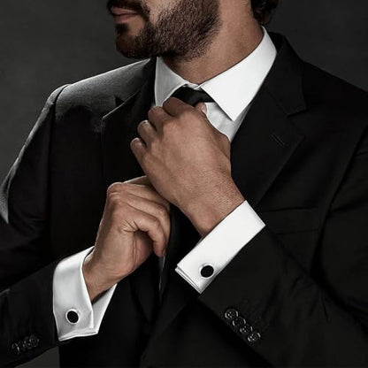 Mens Cufflinks and Tuxedo Shirt Studs Set with Gift Box - color: Silver/Black-01