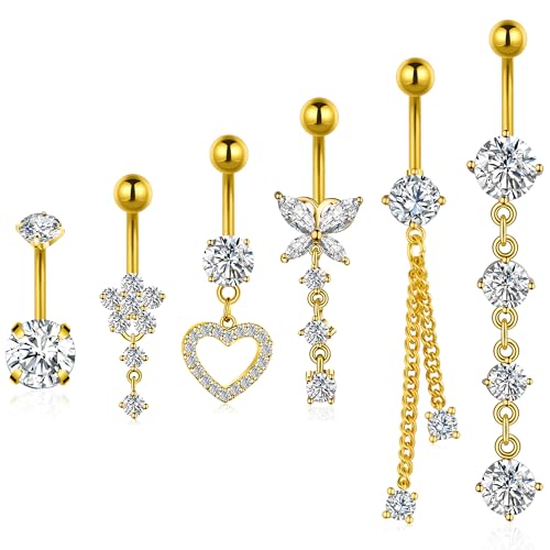 BSJ4U Belly Button Ring Gold Plated Silver CZ Belly Rings for Women Heart Butterfly Flower Dangle Navel Belly Button Piercing Jewelry - color: Gold Plated Belly Button Rings