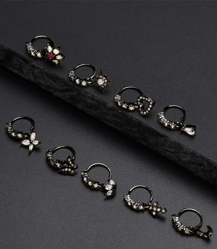 10Pcs Dangle Nose Rings Hoop Butterfly Heart Moon Flower Star CZ Cartilage Earring Dangling Nose Body Piercing Jewelry 20G Silver Rose Gold Black Tone - color: D:Black Tone