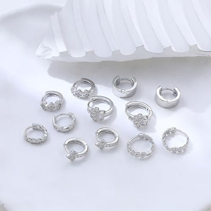Wgoud Small Gold Hoop Earrings Set for Women, 6 Pairs 14K Gold Plated Hypoallergenic Lightweight Huggie Hoops Earrings, Trendy Cartilage Cubic Zirconia Earrings for Women Gifts. - color: D-Silver hoops