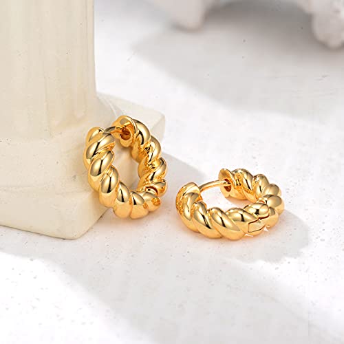 Small Huggie Hoop Earrings For Women, Real Gold Plated Croissant Square Round Earrings Lightweight Everyday Jewelry Hypoallergenic for Sensitive Ears - color: Gold Slim Twist