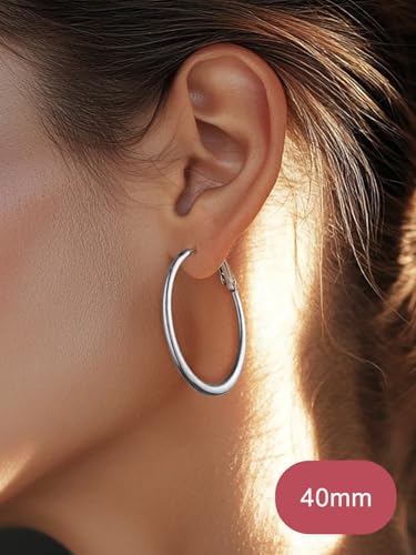 FOCALOOK 14K Gold Plated Lightweight Large Hoops| 2mm Thin Hoop Earrings for Women 30/40/50/70/100mm - color: 01.Silver, size: 40mm