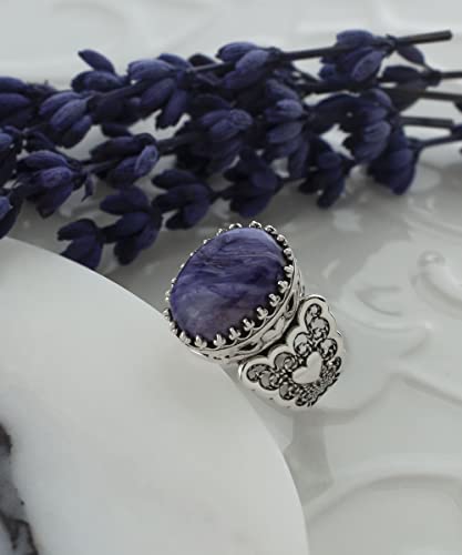 Filigranist 925 Sterling Silver Handcrafted Filigre Art Double Heart Detailed Women Cocktail Ring with Gemstones - color: Charoite