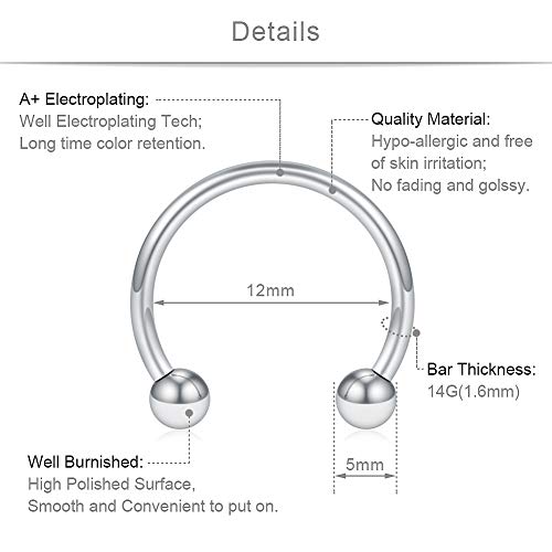 SCERRING 8PCS 16G Stainless Steel Nose Septum Horseshoe Earring Eyebrow Septum Lip Helix Tragus Piercing Ring 6-12mm - color: 8PCS - 14G Silver