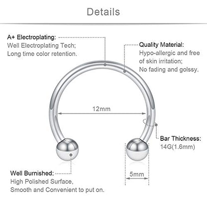 SCERRING 8PCS 16G Stainless Steel Nose Septum Horseshoe Earring Eyebrow Septum Lip Helix Tragus Piercing Ring 6-12mm - color: 8PCS - 14G Silver
