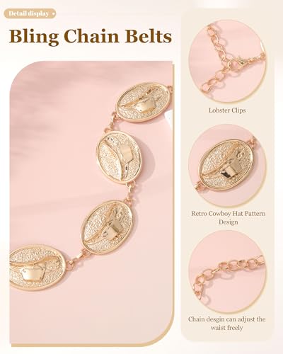 WELROG Metal Waist Chain Belt for Women - Pearls Gold Silver Chain Belts for Dresses Jeans - color: Cowboy hat (gold)
