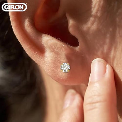 Caflon 24K Gold Plated | Stainless Steel Cubic Zirconia Stud Earrings 4mm | Nickel Safe Hypoallergenic Ear Jewelry | Sparkling Round Silver Tone Crystal Design with Secure Push-Back Closure | Everyday Fashion Jewelry - style: Gold Plated
