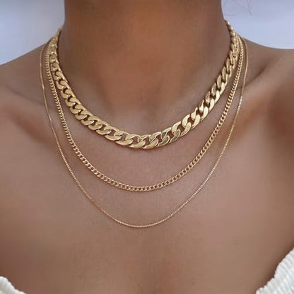 Tewiky Layered Necklaces for Women 14k Gold Plated Chain Necklace Set | Chunky Herringbone/Snake/Rope/Box/Cuban Link Chain for Women, Layering Stack Choker Necklace, Dainty Jewelry Set Non Tarnish - color: 3 Chunky Cuban Box Gold