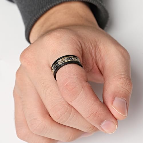 Men’s Tungsten Carbide Wedding Bands 8mm Hammered with Gold Foil Inlay Scratch Proof Stainless - color: Black