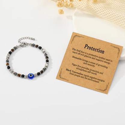 Natural Healing Crystal Bracelet for Women, Triple Protection Anxiety Relief New Beginnings Good Luck Empath Protection Jewelry Gift for Friends Daughter Mom 6.5+1.8 Inches - color: Protection-Eye-S