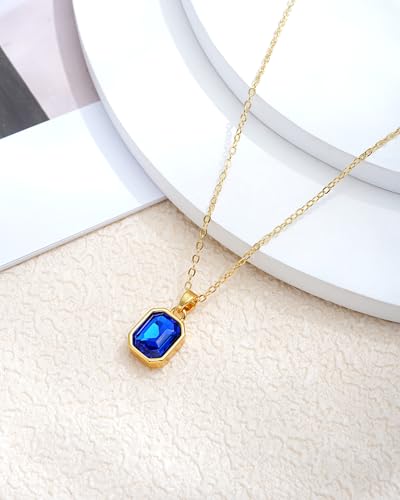 Gold Layered Necklaces for Women, 18k Gold Plated Crystal Necklace Paperclip Choker Emerald Green Jewelry for Women Gifts - color: Sapphire blue