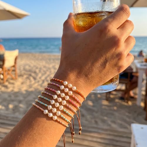 Colorful Stackable Rice Small Mini Seed Beaded Bracelets Set For Women, Handmade Dainty Boho Gold Glass Stretch Accessories Jewelry,Summer Beach Party Daily Friendship Gift - color: 8Pcs Pearl Adjustable