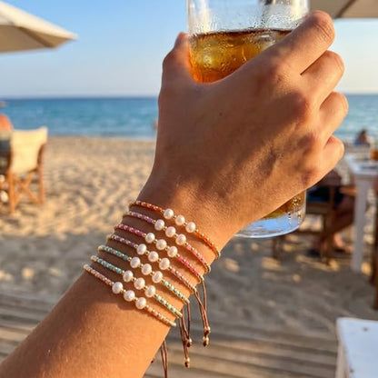 Colorful Stackable Rice Small Mini Seed Beaded Bracelets Set For Women, Handmade Dainty Boho Gold Glass Stretch Accessories Jewelry,Summer Beach Party Daily Friendship Gift - color: 8Pcs Pearl Adjustable