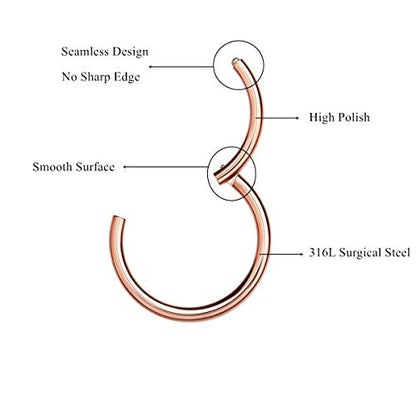 MissNity 316L Surgical Steel Hinged Nose Rings Hoop 20G 18G 16G 14G, Diameter 6mm to 10mm, Color Gold - Rose Gold - Silver - Black - Rainbow - color: A01: rose gold - 1pc
