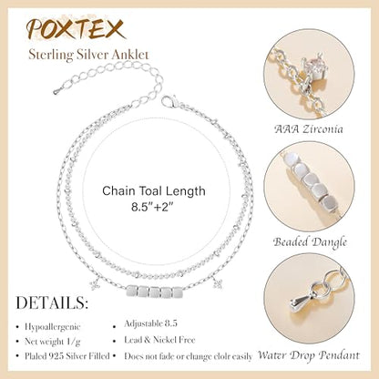 Gold/Sterling Silver Anklet Bracelets for Women Waterproof, Non Tarnish 925 Sterling Sliver Plated Heart Evileye Butterfly Charm, Dainty Summer Beach Anklets for Women, Beach Vacation Bikini Outfits for Her Mom - style: Beaded-Silver