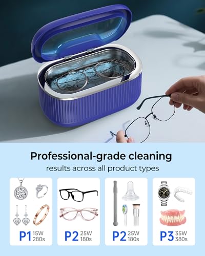 45KHz Ultrasonic Jewelry Cleaner, 5 Timer & 3 Power Modes, 35W Retainer Cleaner for Jewelry, Eyeglasses, Rings, Watch Strap, Dentures - Quiet <38dB, 20oz, 304 Stainless Steel (Sapphire blue) - color: Sapphire blue