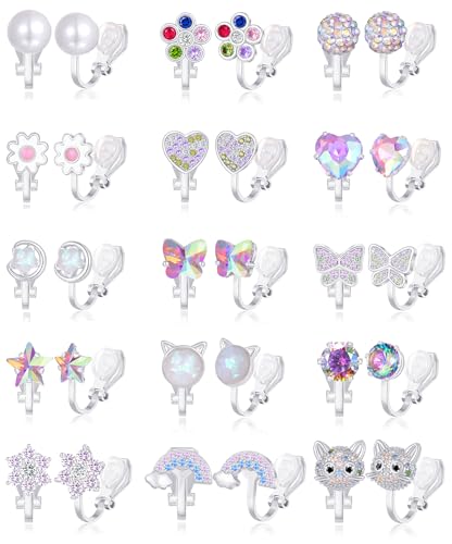 Tornito 10-15 Pairs Clip on Stud Earrings Non Pierced Teardrop Round Square CZ Pearl Twist Knot Flower Butterfly Heart Star Rainbow Cat Opal Clip on Earrings for Women - color: C: 15 Pairs Silver Tone
