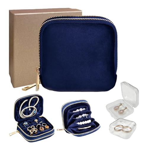 Small Travel Jewelry Case with Earring Box Mini Jewelry Case | Double-Layer Velvet Travel Jewelry Organizer Pouch with 7 grids & 4 Pockets, for Necklace Bracelet, Gifts for Women,Navy Blue - color: Dark blue double-layer