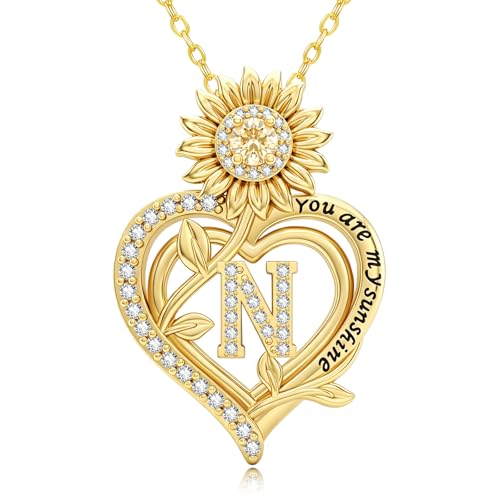 14K Gold Sunflower Initial Necklaces for Women | Heart Letter Pendant You Are My Sunshine Jewelry Gifts - style: N