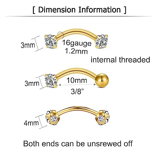Rook Piercing Jewelry Rook Earrings for Women Eyebrow Rings Surgical Steel Vertical Labret Jewelry 16g 14g Curved Barbell Snug Daith Surface Tragus Piercing Jewelry Silver Gold - color: A2-3 pairs -gold