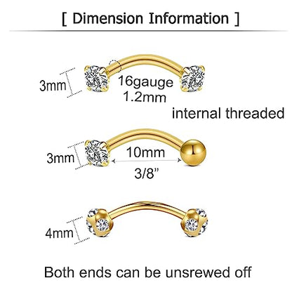 Rook Piercing Jewelry Rook Earrings for Women Eyebrow Rings Surgical Steel Vertical Labret Jewelry 16g 14g Curved Barbell Snug Daith Surface Tragus Piercing Jewelry Silver Gold - color: A2-3 pairs -gold