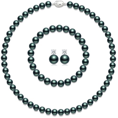 Pearl Necklaces for Women,8mm Pearl Necklace and Earring Bracelet Jewelry Set for Women Men Wedding Birthday Valentine Christmas Day Gifts - color: Green