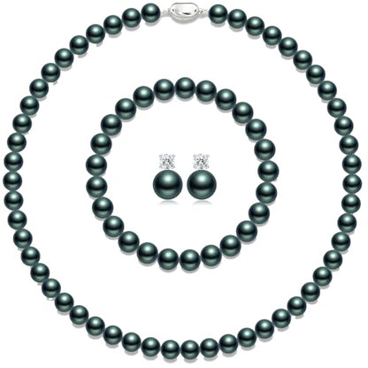 Pearl Necklaces for Women,8mm Pearl Necklace and Earring Bracelet Jewelry Set for Women Men Wedding Birthday Valentine Christmas Day Gifts - color: Green
