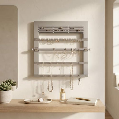 Hives and Honey Tori Wall Hanging Jewelry Rack – Wall-Mounted Organizer with Ring Rolls, Earring Slots, Bracelet Bar & Necklace Hooks, Anti-Tarnish Linen, Silver - color: Silver
