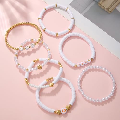 Friendship Bracelets for Women - Heishi Surfer Colorful Smile Evil Eye Clay Beaded Stretch Bracelets Elastic Layering - Stackable Boho Disc Y2K Aesthetic Summer Jewelry Set. - color: Smile-7pc-White mama