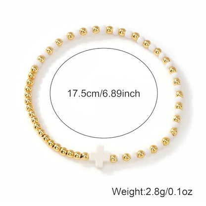 Gold Beaded Bracelets for Women Stackable Boho Gold Plated Colorful Seed Beads Ball Cross Bracelets Stack Elastic Stretch Trendy Jewelry Accessories Non Tarnish Friendship Christian Gift - color: Red White