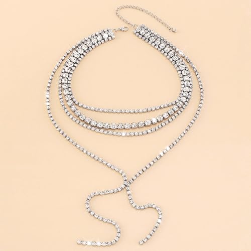 Layered Wedding Choker Rhinestone Necklace Sparkly Long Crystal Neck Chain for Women - color: Silver