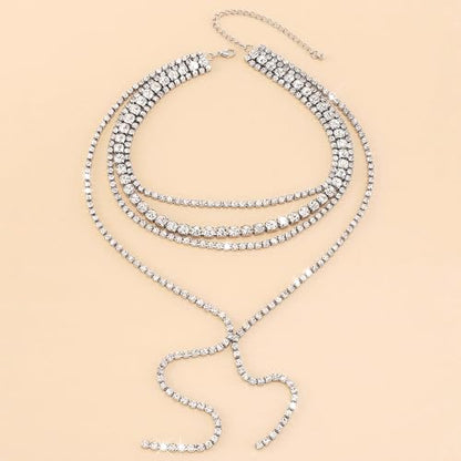 Layered Wedding Choker Rhinestone Necklace Sparkly Long Crystal Neck Chain for Women - color: Silver
