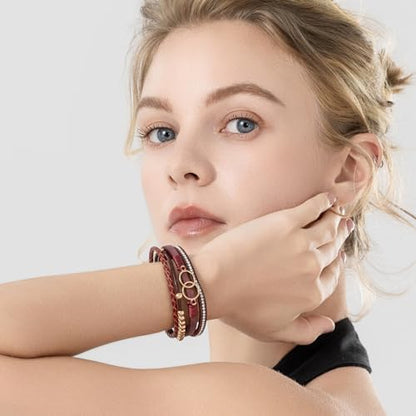 Chunky Boho Leather Wrap Bracelets Cowgirl Beaded Circle Western Jewelry | Stackable Infinity Layered Bohemian Magnetic Clasp Cuff Statement Fashion Colorful Country Hippie Outfits for Women Trendy - color: Burgundy