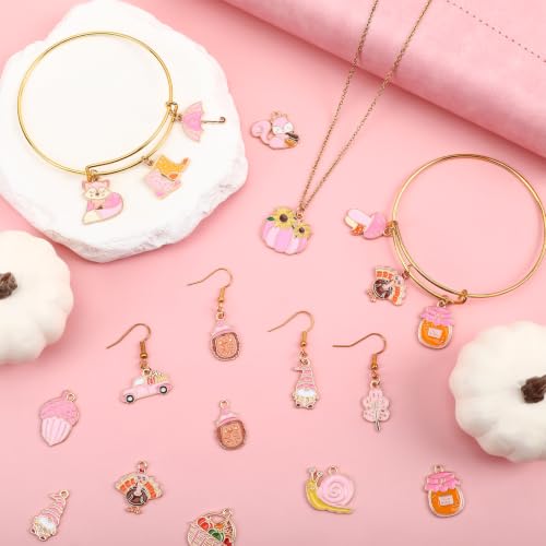 40 Pcs/20 Pairs Pink Fall Charms for Jewelry Making | Autumn Thanksgiving Day Charm, Pumpkin Maple Leaf Turkey Harvest Pendants, for Bracelet Necklace Earring, DIY Craft Gifts - style: Pink Fall