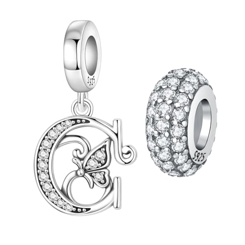 2 Pack 925 Sterling Silver Butterfly Letter Charms for Bracelets and Necklace Alphabet Initial Dangle Pendants Round Spacer Beads Pave Cubic Zirconia Jewelry Gift for Women - color: C Set
