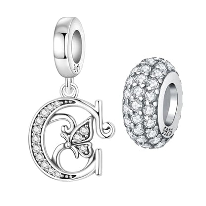 2 Pack 925 Sterling Silver Butterfly Letter Charms for Bracelets and Necklace Alphabet Initial Dangle Pendants Round Spacer Beads Pave Cubic Zirconia Jewelry Gift for Women - color: C Set