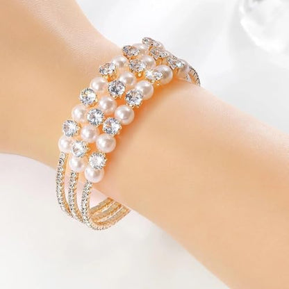 Gold Crystal Faux Pearl Beaded Bracelet for Women,Sparkling Rhinestone Layered Statement Cuff Bracelet Wedding Bridal Jewelry Accessories - color: Golden