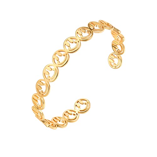 PERNNLA PEARL Dainty Gold Bar Bracelet for Women Simple Delicate Thin Cuff Bangle Hook Bracelet 18K Gold Plated Handmade Minimalist Jewelry - color: 11.Smiley Face