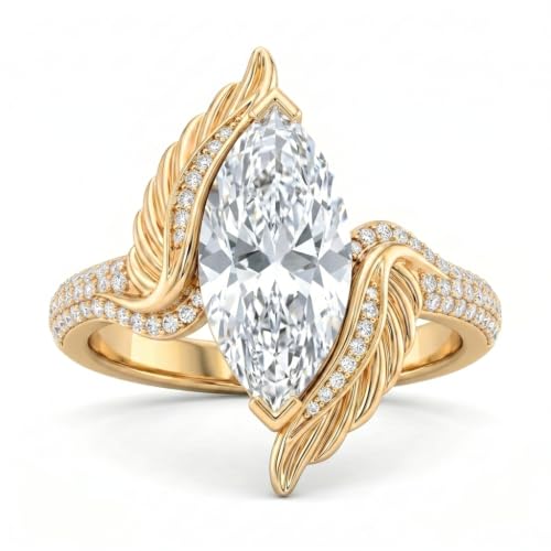 WSX Marquise Cut Gemstone Statement Ring for Women 10K 14K 18K Gold Vintage Feather Design Gemstone Promise Rings Jewelry Gifts - color: Moissanite