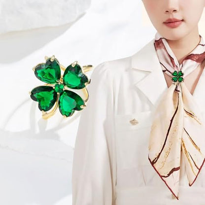 Kokoma Green Crystal Four Leaf Clover Scarf Ring Brooch for Women, Cubic Zirconia Floral Silk Scarf Clip Scarves Ring Buckle Shawl Brooch Accessory Jewelry for St. Patrick's Day