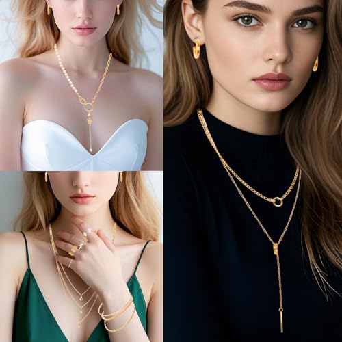 48pcs Gold Jewelry Set for Women Multi Layered Necklace Knuckle Rings Stackable Bracelets Dainty Earrings Anniversary Birthday Valentine Gift Pack for Women