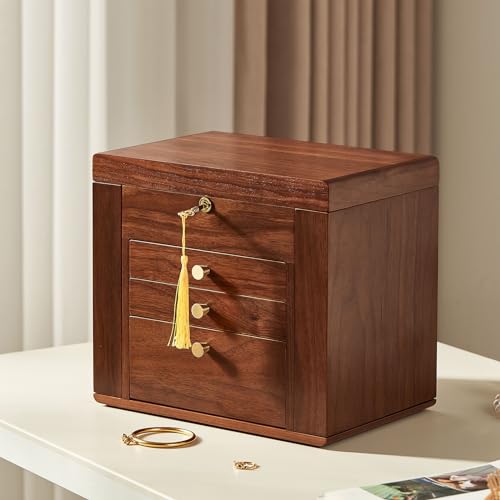 Black Walnut Wooden Jewelry Box, Wood Jewelry Organizer with 2 Side Doors Mirror Lockable Classical for Watch Necklace Ring Earring, Gift for Women-4 Layer with Curved Ring Grooves - style: 4 Layer (Top & Side Lock)