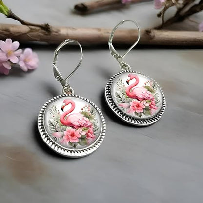 Flamingo Jewelry Set with Pink Crystal, 4-Piece Silver Teardrop Design, Necklace Bracelet Earrings Ring
