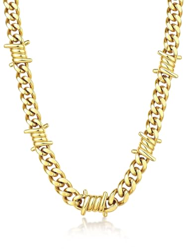Bandmax Stainless Steel Barbed Wire Cuban Chain Necklace for Men & Women | Edgy Fierce Design, Waterproof & Tarnish Resistant, Silver/Black Tone, 5/7/9/12MM, 16-22 Inches, Street Punk Style Jewelry - color: A3 9MM-Gold, size: 20 Inch (51cm)