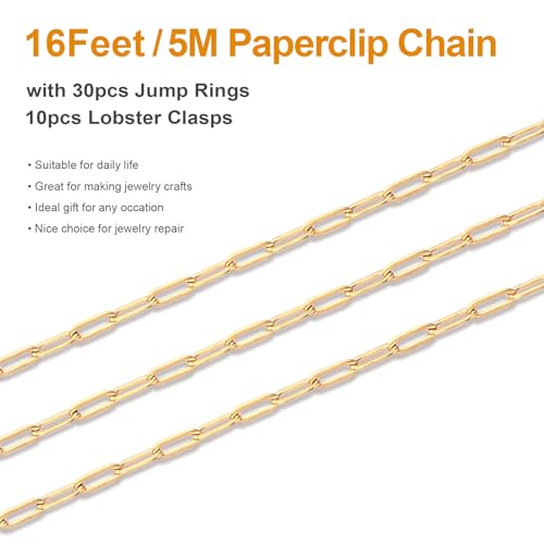 Kyutong 5M Gold PVD Plated Necklace Chain for Jewelry Making | 304 Stainless Steel Jewelry Chain Roll 3MM Paperclip Chain Link with Jewelry Clasps Men Women Handcraft DIY Jewelry Findings - color: 3mm Paperclip Gold