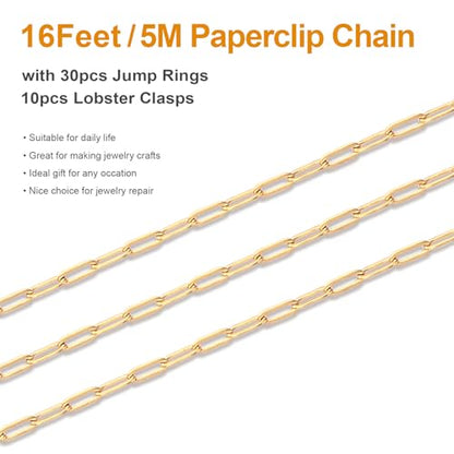 Kyutong 5M Gold PVD Plated Necklace Chain for Jewelry Making | 304 Stainless Steel Jewelry Chain Roll 3MM Paperclip Chain Link with Jewelry Clasps Men Women Handcraft DIY Jewelry Findings - color: 3mm Paperclip Gold