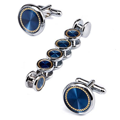 wynameleri Mens Cufflinks and Studs Set Blanks Round 4 Colors Shirt Tuxedo Buttons Packed in Cufflink Box for Business Wedding Jewelry - color: Blue
