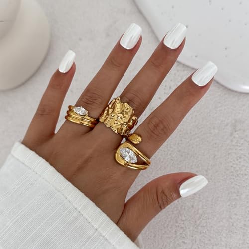 Chunky Gold Rings for Women Rhinestone Stackable Knuckle Ring Set Open Adjustable Statement Ring Set Dainty Crown Cross Midi Rings Fashion Jewelry Gift for Women - color: Gold3