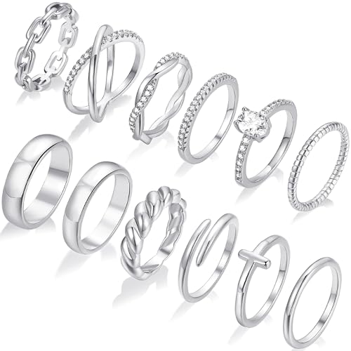 FAXHION 12 PCS Dainty 14K Gold Rings for Women, Eternity Open Chunky Twist Simulated Diamond Criss Cross Designs, Non Tarnish Gold Plated Stacking Thumb Ring, Perfect for Wedding Bands Size 5-11 - color: silver