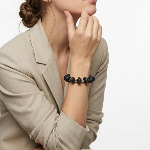 GOOJIDS Simple Beaded Gold Plated Bangles Bracelet Chunky Bamboo Tube Curved Stacking Clear Acrylic Colorful Beads Stretchable Gold Plated Bracelets Set For Women - color: D-Black&Gold Bracelet